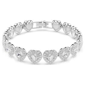 Ariana Grande X Swarovski-armband met gemengde slijpvormen, hartjes, wit, gerhodineerd Ariana Grande X Swarovski-armband met gemengde slijpvormen, hartjes, wit, gerhodineerd