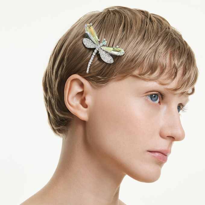 Ariana Grande X Swarovski-broche in haaraccessoire met kristallen parels, gemengde slijpvormen, libelle, wit, gerhodineerd Ariana Grande X Swarovski-broche in haaraccessoire met kristallen parels, gemengde slijpvormen, libelle, wit, gerhodineerd