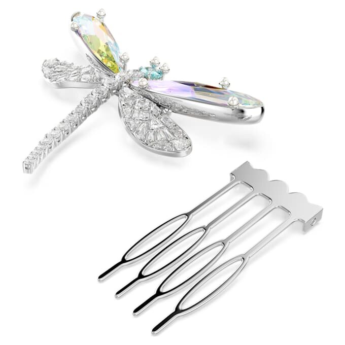 Ariana Grande X Swarovski-broche in haaraccessoire met kristallen parels, gemengde slijpvormen, libelle, wit, gerhodineerd Ariana Grande X Swarovski-broche in haaraccessoire met kristallen parels, gemengde slijpvormen, libelle, wit, gerhodineerd