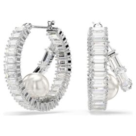 Ariana Grande X Swarovski hoepeloorbellen met kristallen parels, baguette-slijpsel, wit, gerhodineerd