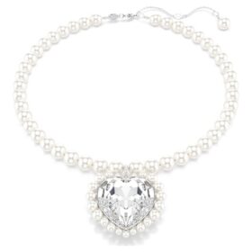 Ariana Grande X Swarovski ketting met kristallen parel, hartvormige slijpvorm, hart, wit, gerhodineerd Ariana Grande X Swarovski ketting met kristallen parel, hartvormige slijpvorm, hart, wit, gerhodineerd