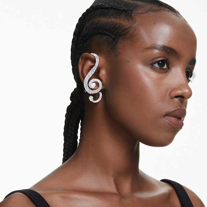 Ariana Grande X Swarovski oorbellen, asymmetrisch ontwerp, kristallen parel, baguette-slijpsel, wit, gerhodineerd Ariana Grande X Swarovski oorbellen, asymmetrisch ontwerp, kristallen parel, baguette-slijpsel, wit, gerhodineerd