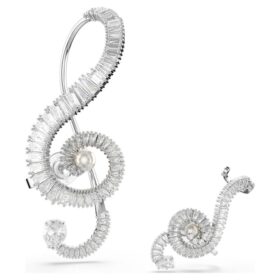Ariana Grande X Swarovski oorbellen, asymmetrisch ontwerp, kristallen parel, baguette-slijpsel, wit, gerhodineerd Ariana Grande X Swarovski oorbellen, asymmetrisch ontwerp, kristallen parel, baguette-slijpsel, wit, gerhodineerd