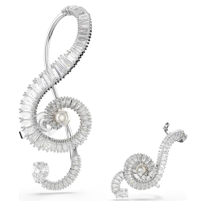 Ariana Grande X Swarovski oorbellen, asymmetrisch ontwerp, kristallen parel, baguette-slijpsel, wit, gerhodineerd Ariana Grande X Swarovski oorbellen, asymmetrisch ontwerp, kristallen parel, baguette-slijpsel, wit, gerhodineerd