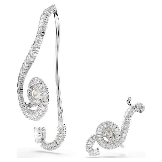 Ariana Grande X Swarovski oorbellen, asymmetrisch ontwerp, kristallen parel, baguette-slijpsel, wit, gerhodineerd Ariana Grande X Swarovski oorbellen, asymmetrisch ontwerp, kristallen parel, baguette-slijpsel, wit, gerhodineerd