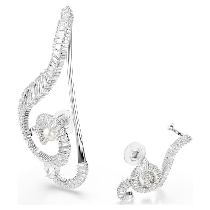 Ariana Grande X Swarovski oorbellen, asymmetrisch ontwerp, kristallen parel, baguette-slijpsel, wit, gerhodineerd Ariana Grande X Swarovski oorbellen, asymmetrisch ontwerp, kristallen parel, baguette-slijpsel, wit, gerhodineerd