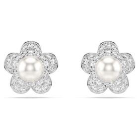 Ariana Grande X Swarovski oorbellen met kristallen parel, ronde slijpvorm, bloemmotief, wit, gerhodineerd