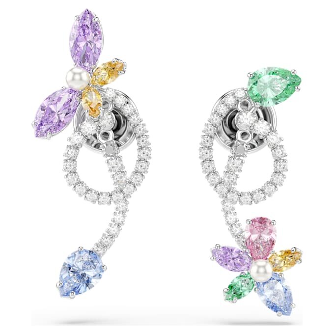 Ariana Grande X Swarovski oorbellen met oorbevestiging, gemengde slijpvormen, libelle, bloem, veelkleurig, gerhodineerd Ariana Grande X Swarovski oorbellen met oorbevestiging, gemengde slijpvormen, libelle, bloem, veelkleurig, gerhodineerd