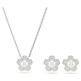 Ariana Grande X Swarovski-set met kristallen parel, ronde slijpvorm, bloem, wit, gerhodineerd