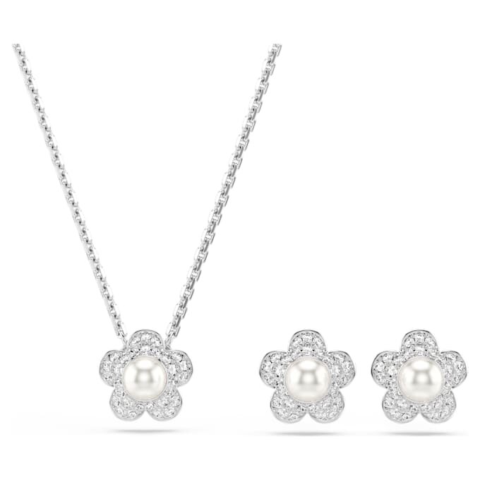 Ariana Grande X Swarovski-set met kristallen parel, ronde slijpvorm, bloem, wit, gerhodineerd Ariana Grande X Swarovski-set met kristallen parel, ronde slijpvorm, bloem, wit, gerhodineerd