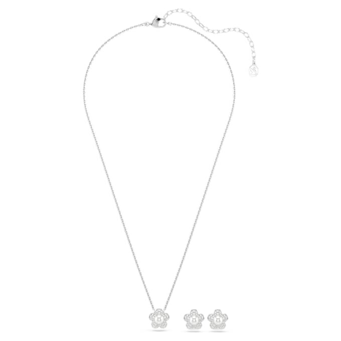 Ariana Grande X Swarovski-set met kristallen parel, ronde slijpvorm, bloem, wit, gerhodineerd Ariana Grande X Swarovski-set met kristallen parel, ronde slijpvorm, bloem, wit, gerhodineerd