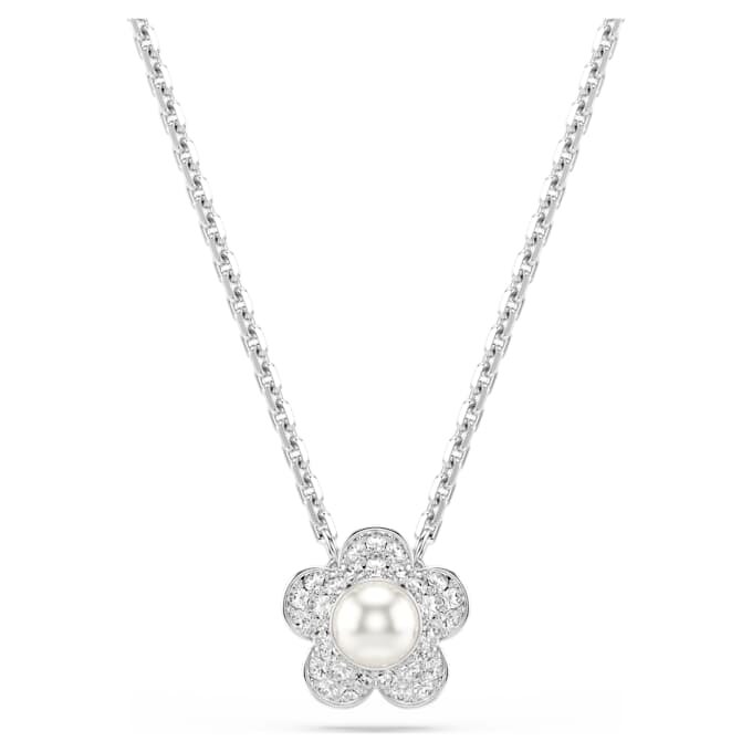 Ariana Grande X Swarovski-set met kristallen parel, ronde slijpvorm, bloem, wit, gerhodineerd Ariana Grande X Swarovski-set met kristallen parel, ronde slijpvorm, bloem, wit, gerhodineerd
