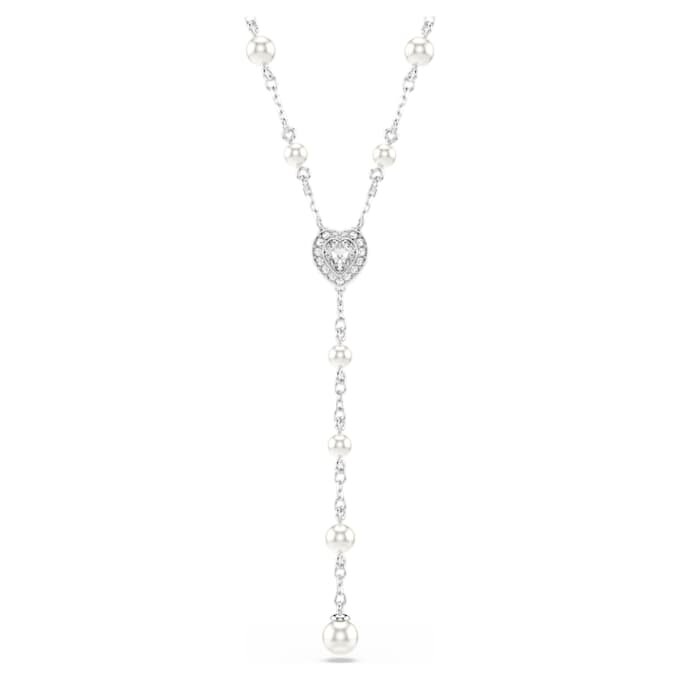 Ariana Grande X Swarovski Y-ketting met gemengde slijpvormen, kristallen parel, hartje, wit, gerhodineerd Ariana Grande X Swarovski Y-ketting met gemengde slijpvormen, kristallen parel, hartje, wit, gerhodineerd