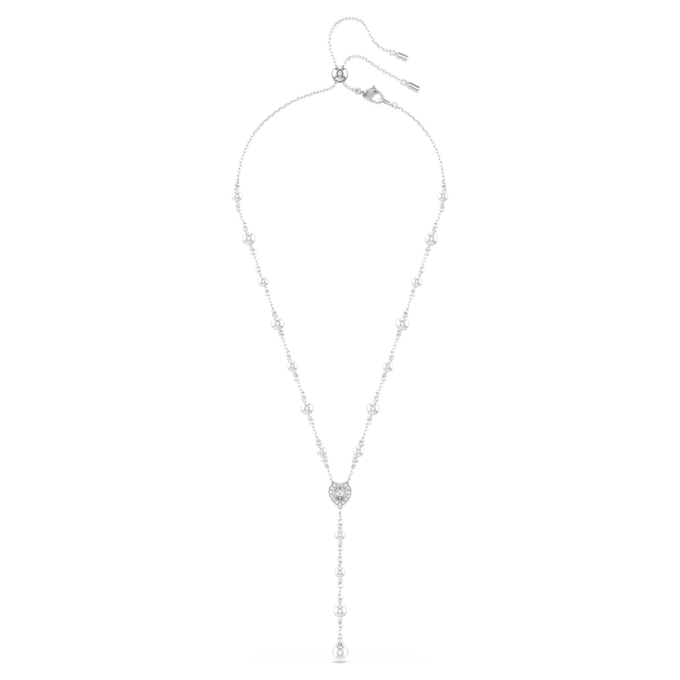 Ariana Grande X Swarovski Y-ketting met gemengde slijpvormen, kristallen parel, hartje, wit, gerhodineerd Ariana Grande X Swarovski Y-ketting met gemengde slijpvormen, kristallen parel, hartje, wit, gerhodineerd