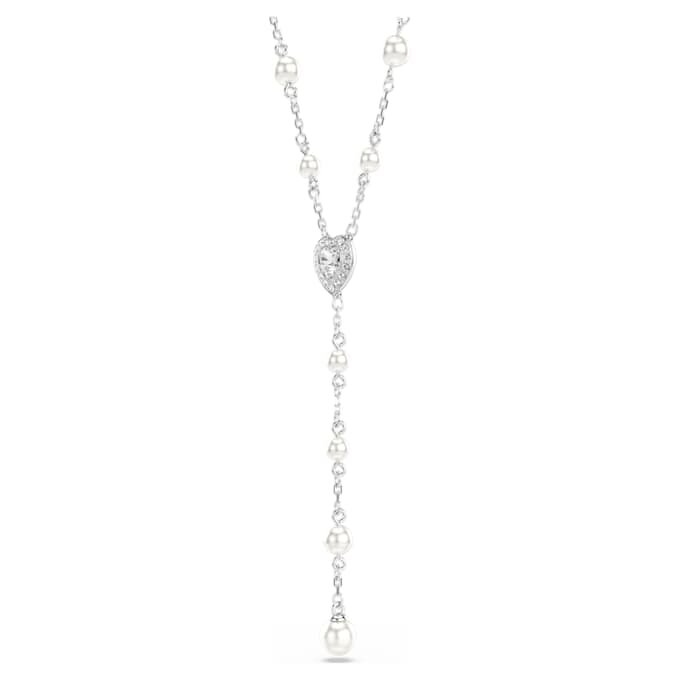 Ariana Grande X Swarovski Y-ketting met gemengde slijpvormen, kristallen parel, hartje, wit, gerhodineerd Ariana Grande X Swarovski Y-ketting met gemengde slijpvormen, kristallen parel, hartje, wit, gerhodineerd
