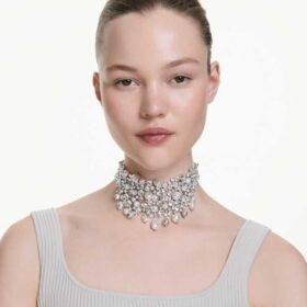 Constella-choker met kristallen parel, ronde slijpvorm, wit, gerhodineerd
