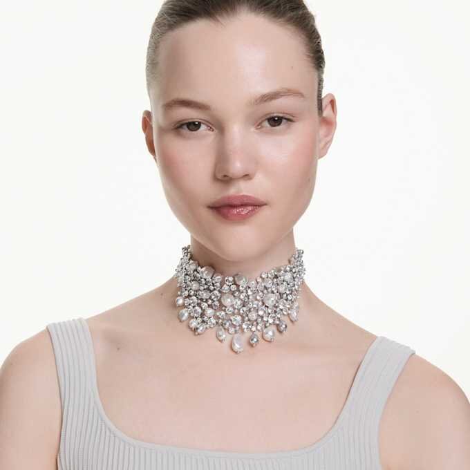 Constella-choker met kristallen parel, ronde slijpvorm, wit, gerhodineerd Constella-choker met kristallen parel, ronde slijpvorm, wit, gerhodineerd