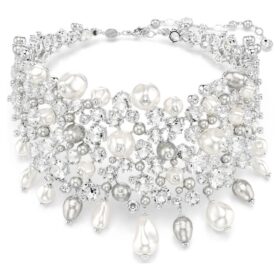 Constella-choker met kristallen parel, ronde slijpvorm, wit, gerhodineerd