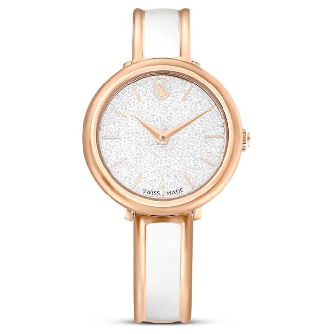 Crystalline armbandhorloge, Swiss Made, metalen armband, wit, roségoudkleurige afwerking Crystalline armbandhorloge, Swiss Made, metalen armband, wit, roségoudkleurige afwerking