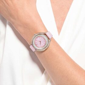 Crystalline Aura-horloge, Swiss Made, leren band, roze, roségoudkleurige afwerking