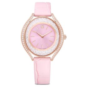 Crystalline Aura-horloge, Swiss Made, leren band, roze, roségoudkleurige afwerking