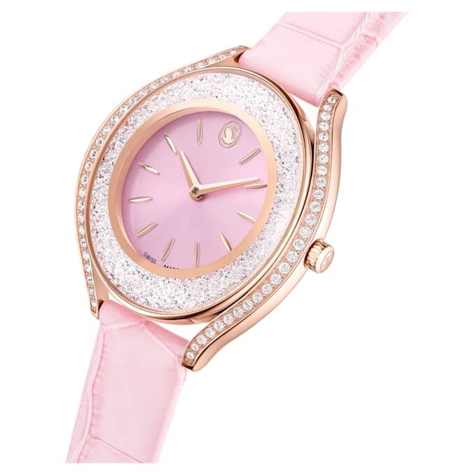 Crystalline Aura-horloge, Swiss Made, leren band, roze, roségoudkleurige afwerking Crystalline Aura-horloge, Swiss Made, leren band, roze, roségoudkleurige afwerking