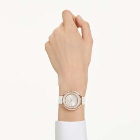 Crystalline Aura-horloge, Swiss Made, leren band, wit, roségoudkleurige afwerking