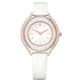 Crystalline Aura-horloge, Swiss Made, leren band, wit, roségoudkleurige afwerking