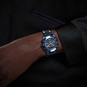 Dextera Chrono-horloge 39 mm, Swiss Made, metalen armband, blauw, blauwe afwerking