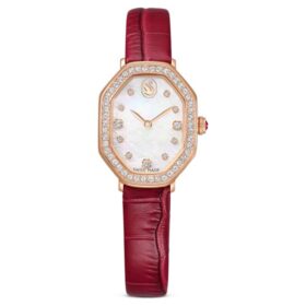 Dextera Octagon-horloge, Swiss Made, leren band, rood, roségoudkleurige afwerking