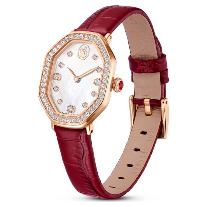 Dextera Octagon-horloge, Swiss Made, leren band, rood, roségoudkleurige afwerking Dextera Octagon-horloge, Swiss Made, leren band, rood, roségoudkleurige afwerking