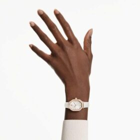 Dextera Octagon-horloge, Swiss Made, leren band, wit, roségoudkleurige afwerking