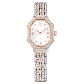 Dextera Octagon-horloge, Swiss Made, metalen armband, zilverkleurig, roségoudkleurige afwerking