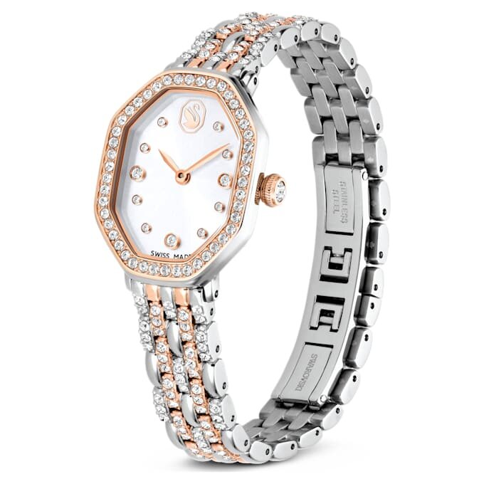 Dextera Octagon-horloge, Swiss Made, metalen armband, zilverkleurig, roségoudkleurige afwerking Dextera Octagon-horloge, Swiss Made, metalen armband, zilverkleurig, roségoudkleurige afwerking