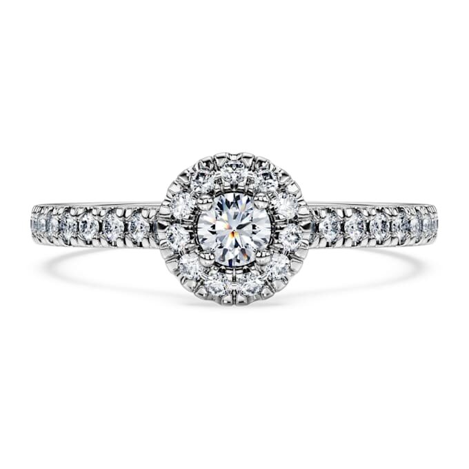 Eternity Halo solitaire ring met in het laboratorium gekweekte diamanten 0,45 karaat in totaal, ronde vorm, sterlingzilver Eternity Halo solitaire ring met in het laboratorium gekweekte diamanten 0,45 karaat in totaal, ronde vorm, sterlingzilver