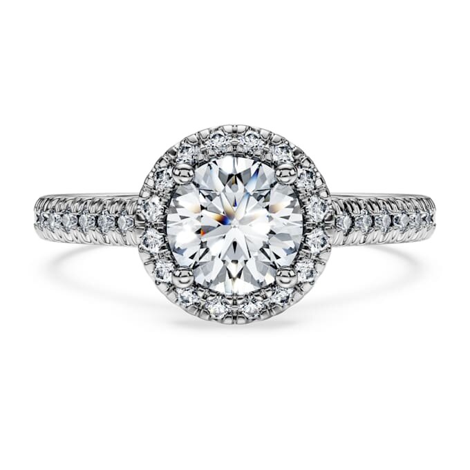 Eternity Halo solitaire ring met in het laboratorium gekweekte diamanten 1,33 karaat in totaal, ronde vorm, 14K witgoud Eternity Halo solitaire ring met in het laboratorium gekweekte diamanten 1,33 karaat in totaal, ronde vorm, 14K witgoud
