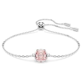 Geboortesteenarmband met vierkante slijpvorm, juni, roze, gerhodineerd