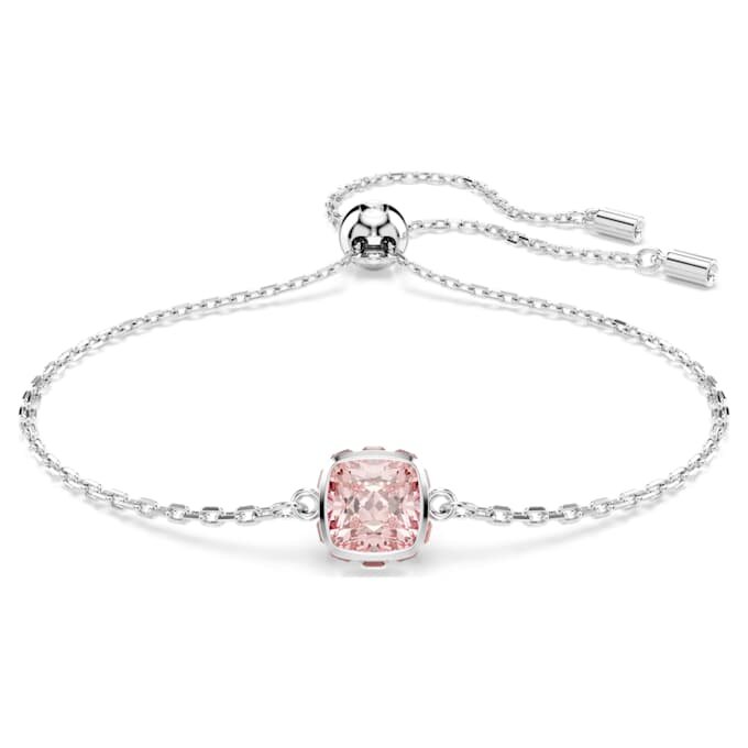 Geboortesteenarmband met vierkante slijpvorm, juni, roze, gerhodineerd Geboortesteenarmband met vierkante slijpvorm, juni, roze, gerhodineerd