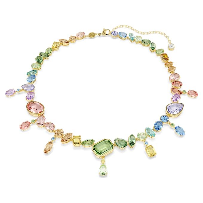 Gema-ketting met gemengde slijpvormen, hangende kristallen, veelkleurig, verguld Gema-ketting met gemengde slijpvormen, hangende kristallen, veelkleurig, verguld