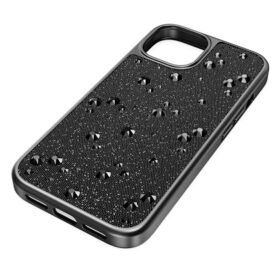 High smartphonehoesje met platte achterkant en kristallen, iPhone® 15, zwart