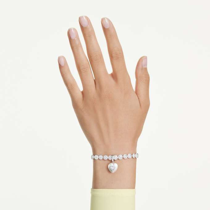 Idyllia-bedel met gemengde slijpvormen, parelkleurige coating, hart, wit, gerhodineerd Idyllia-bedel met gemengde slijpvormen, parelkleurige coating, hart, wit, gerhodineerd