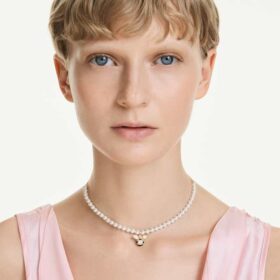 Idyllia-choker met kristallen parels, gemengde slijpvormen, bij, wit, verguld