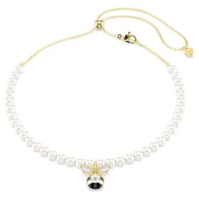 Idyllia-choker met kristallen parels, gemengde slijpvormen, bij, wit, verguld