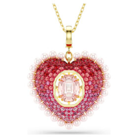Idyllia-hanger met gemengde slijpvormen, hart, roze, verguld