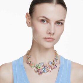 Idyllia-ketting met gemengde slijpvormen, pavé, bloemmotief, veelkleurig, verguld