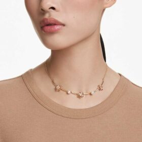 Idyllia-ketting met kristallen parels, gemengde slijpvormen, bloemmotief, veelkleurig, verguld
