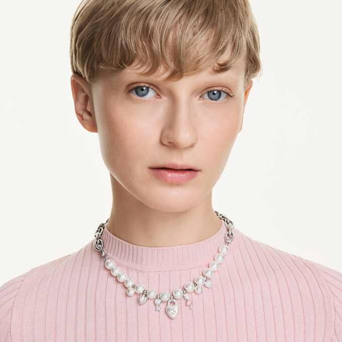 Idyllia-ketting met kristallen parels, gemengde slijpvormen, wit, gerhodineerd Idyllia-ketting met kristallen parels, gemengde slijpvormen, wit, gerhodineerd