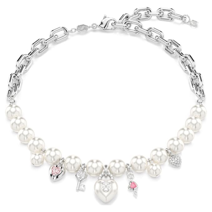 Idyllia-ketting met kristallen parels, gemengde slijpvormen, wit, gerhodineerd Idyllia-ketting met kristallen parels, gemengde slijpvormen, wit, gerhodineerd