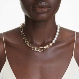 Idyllia-ketting met kristallen parels, wit, verguld