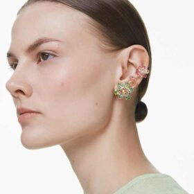 Idyllia-oorcuffset (3), asymmetrisch ontwerp, gemengde slijpvormen, bloem, veelkleurig, verguld